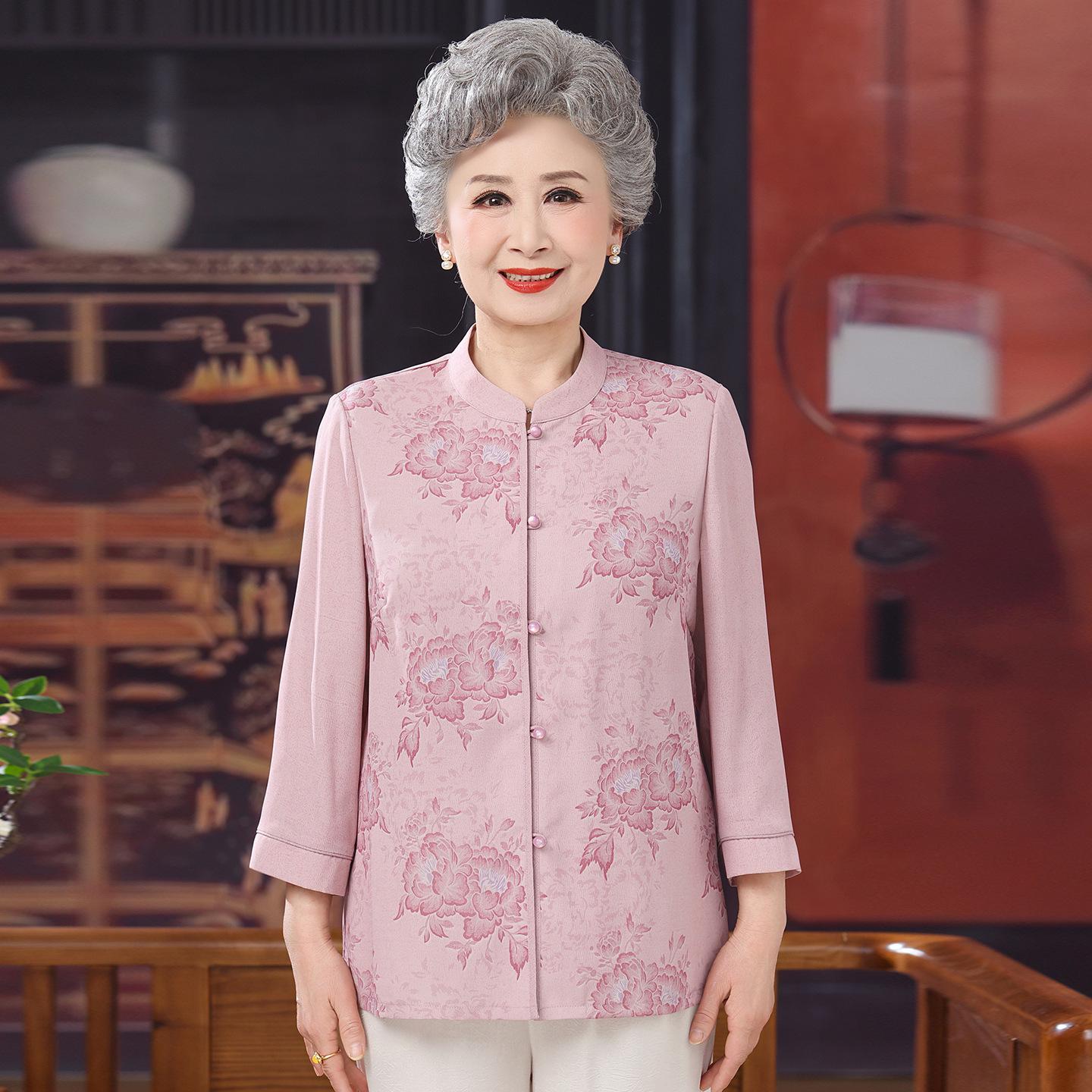 

Chiffon Summer Shirt for Elderly Women: Chinese Style Round Neck Fashion. 3XL (125-135 Jin Recommended)