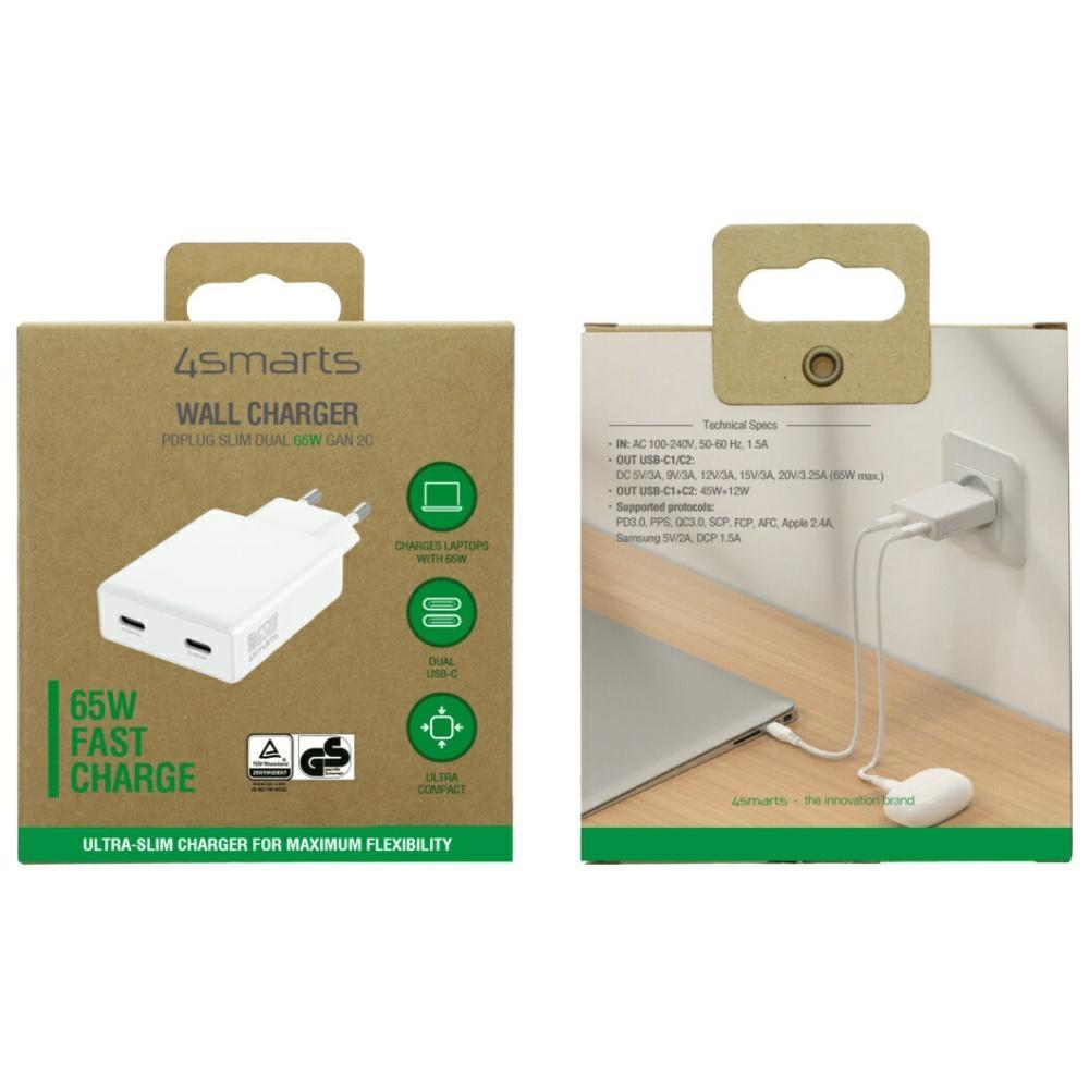 4smarts PDPlug Slim Dual 65W GaN 2xUSB-C Wall Charger White