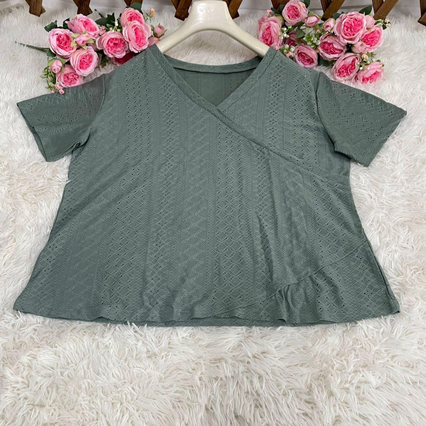 2025 Summer Women s V-neck Hollow Texture Casual Fashion Short-sleeved T-shirt 2XL