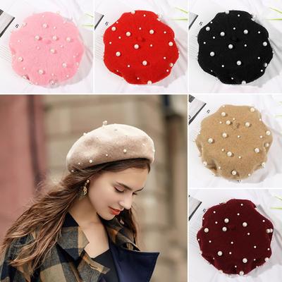 Autumn Winter Elegant Casual Warm Painter Hats Beret Hat French Cap Pearl Wool
