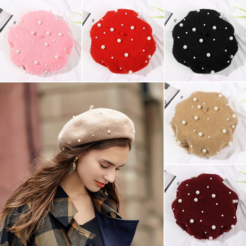 Damen Mädchen Weiche Lässige Elegante Baskenmütze Perle Wolle Malermützen Französische Mütze
