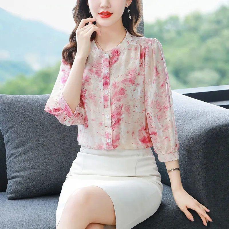 YYFS Women's Fashion Casual Spring Autumn Colour Block Print 3/4 Sleeves O-Neck Blouses & Shirts