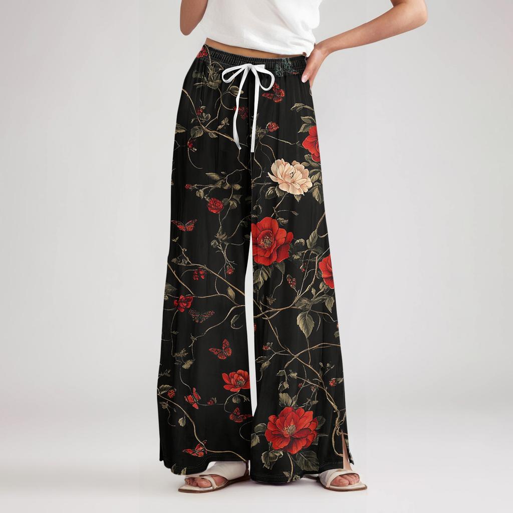 Women's Loose Casual Floral Print Wide Leg Pants With Elastic Waist Drawstring And Pocket Pants