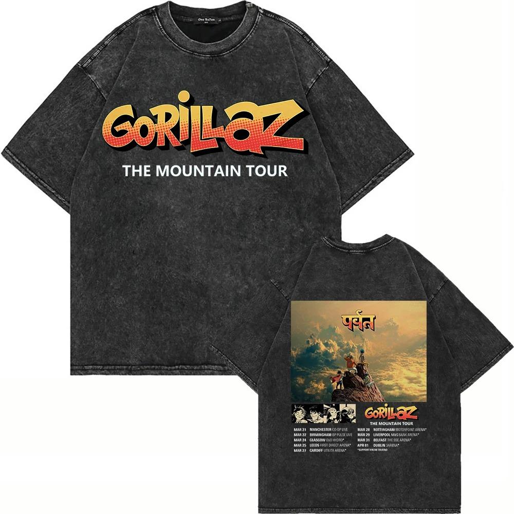 100% Bawełna Vintage Spierana Koszulka Gorillaz The Mountain Moda Mężczyźni_Kobiety Estetyczna Retro Oversize Luźne Koszulki Acid Wash