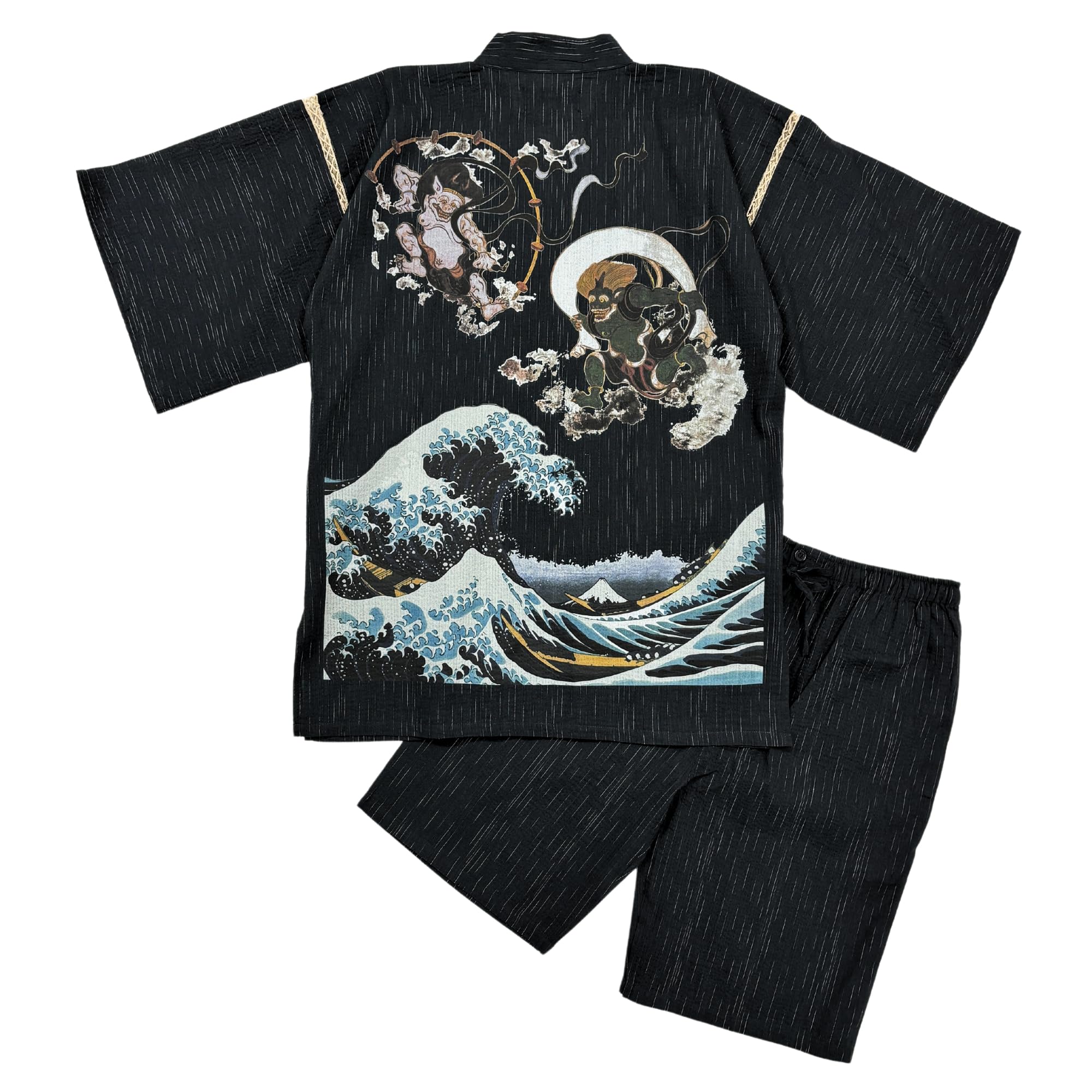 

Мужской джинбей из ткани сидзима от Эдотэн (Джинбэй) на Лето, Прохладный, 100% Хлопок, Оригинальный Принт, Бог Ветра, Бог Грома, Цвет Волны, Черный, Размер L