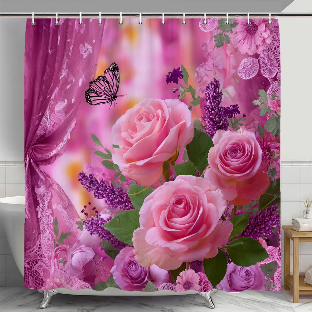 Pink Rose Butterfly Shower Curtain,Flowers And Plants Shower Curtain,Flowers Printed Polyester Fabric Bathroom Decor Curtain