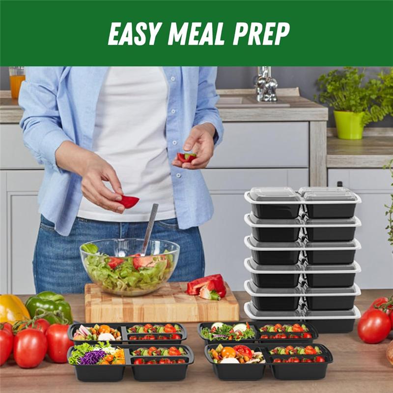 A25F-Reusable 32 Oz Meal Prep Containers 50 Pack 3-Compartment With Lids, To Go Take Out Plastic Food Storage