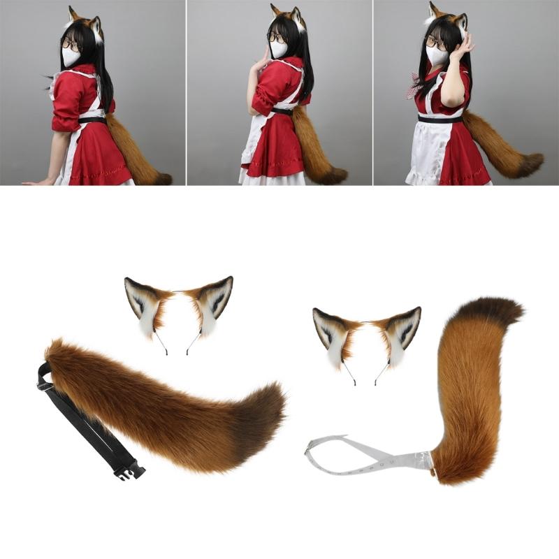 Fox Ears and Tail Set Furry Fox Ears Headband with Tail Halloween Cosplay Party Fox Costume Accessories for Kids-Adults