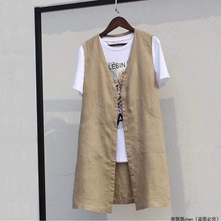 Women s Lightweight Summer Cotton-Linen Vest: Korean-Style Mid-Length, Waist-Cinched, Sleeveless Waistcoat XS хаки