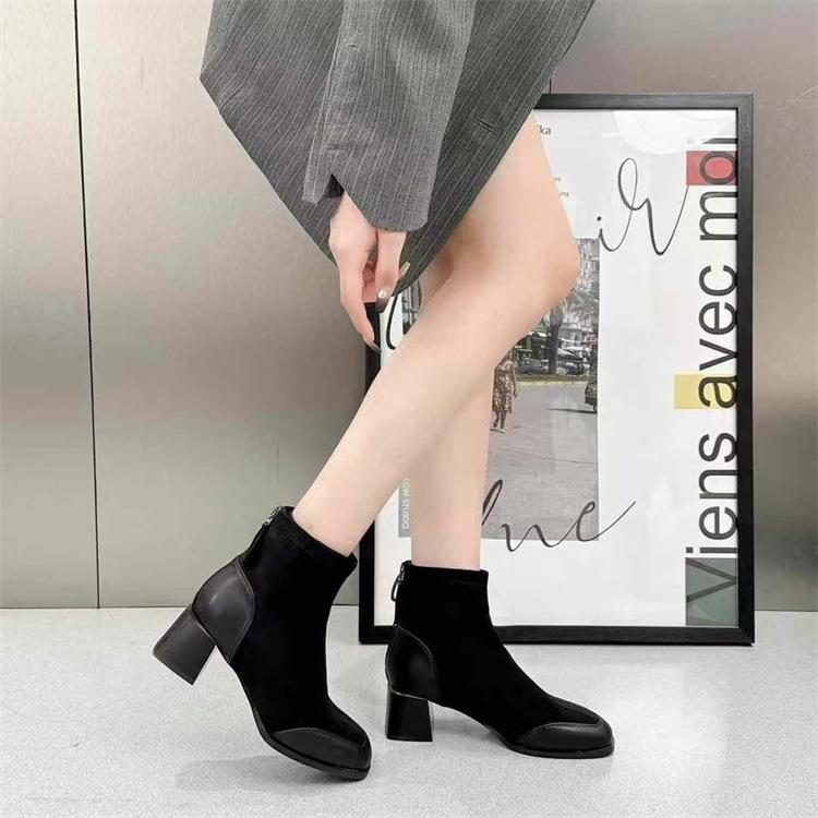 Skinny suede splicing short boots women's autumn and winter new thick heel elastic boots thin boots suede high heel boots