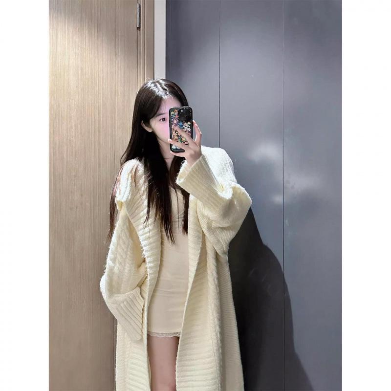 Women's Autumn Winter Knit Cardigan: Korean Style, Large Lapel, Mid-Length, Loose Fit, High-End Casual Sweater.