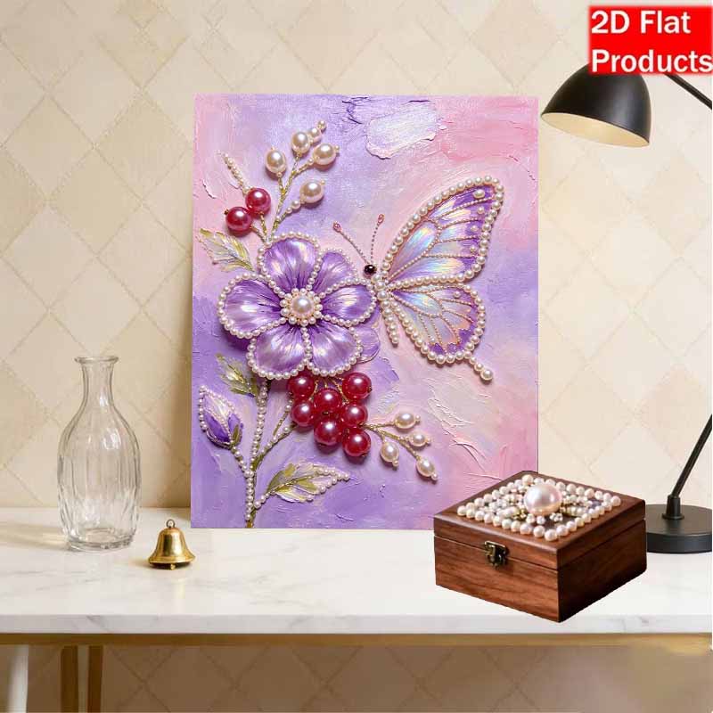 Frameless Pearl Painting Kit Butterfly Flower Pattern DIY 3D Bead Art Canvas Relaxing Handmade Craft for Adults Home Decor