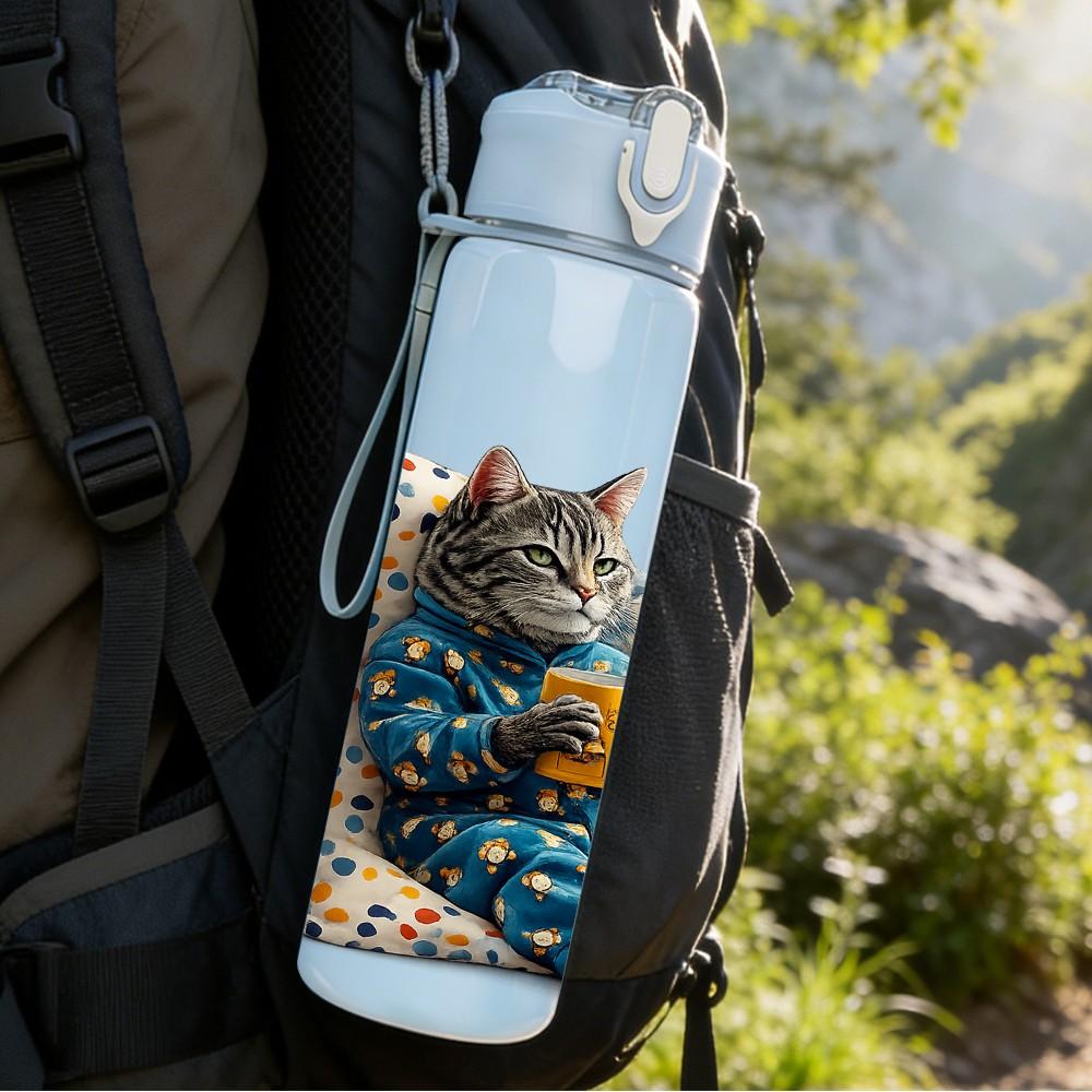1PC Cat Colorful Patchwork Pillow Print 750ml Color Plastic Sports Water Bottle Leakproof Flip Straw Lid Suitable for Sports Office Home Use