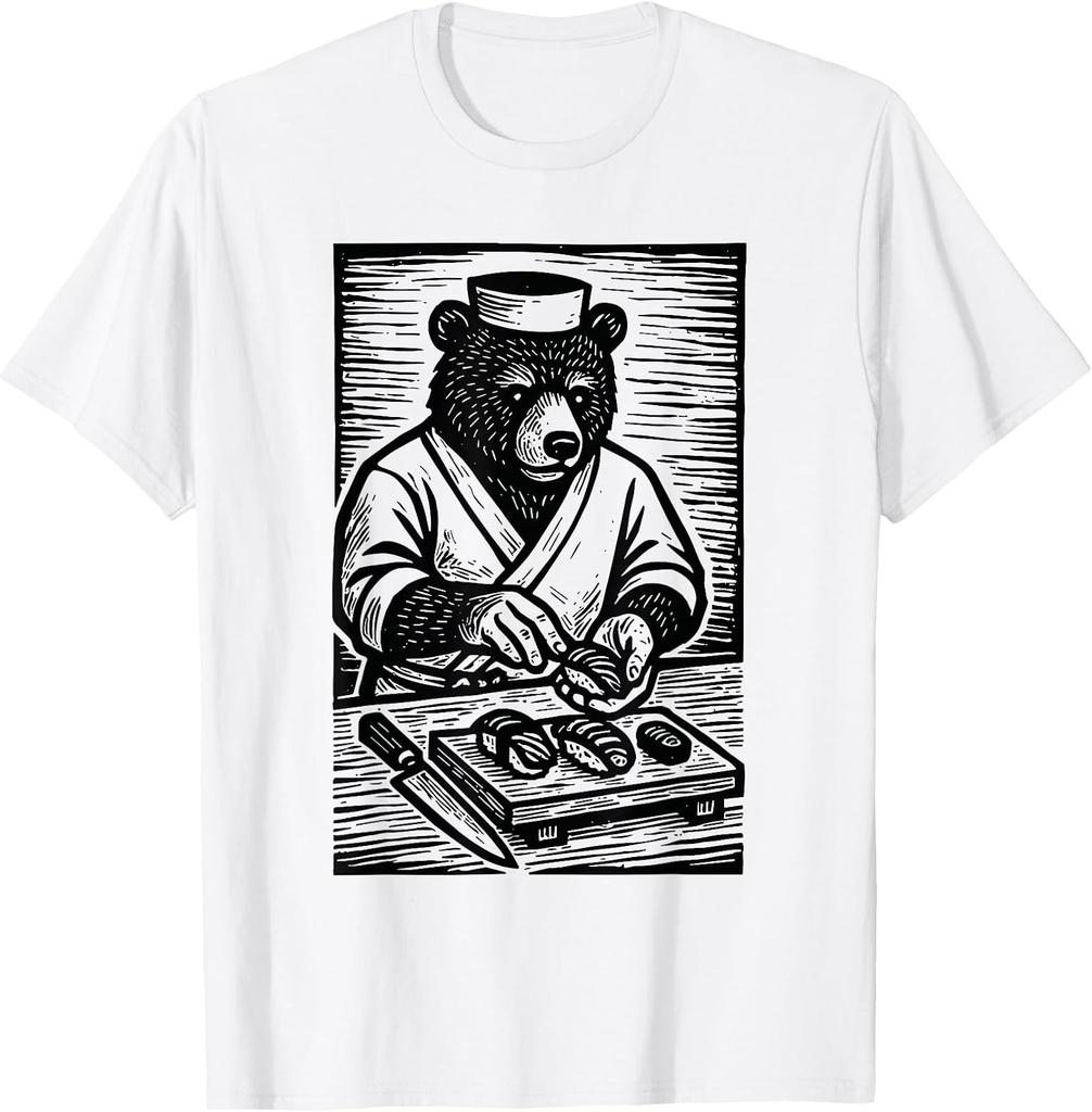 Funny Samurai Bear Sushi Chef Retro Art T-Shirt for Food Lovers