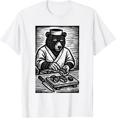 Funny Samurai Bear Sushi Chef Retro Art T-Shirt for Food Lovers