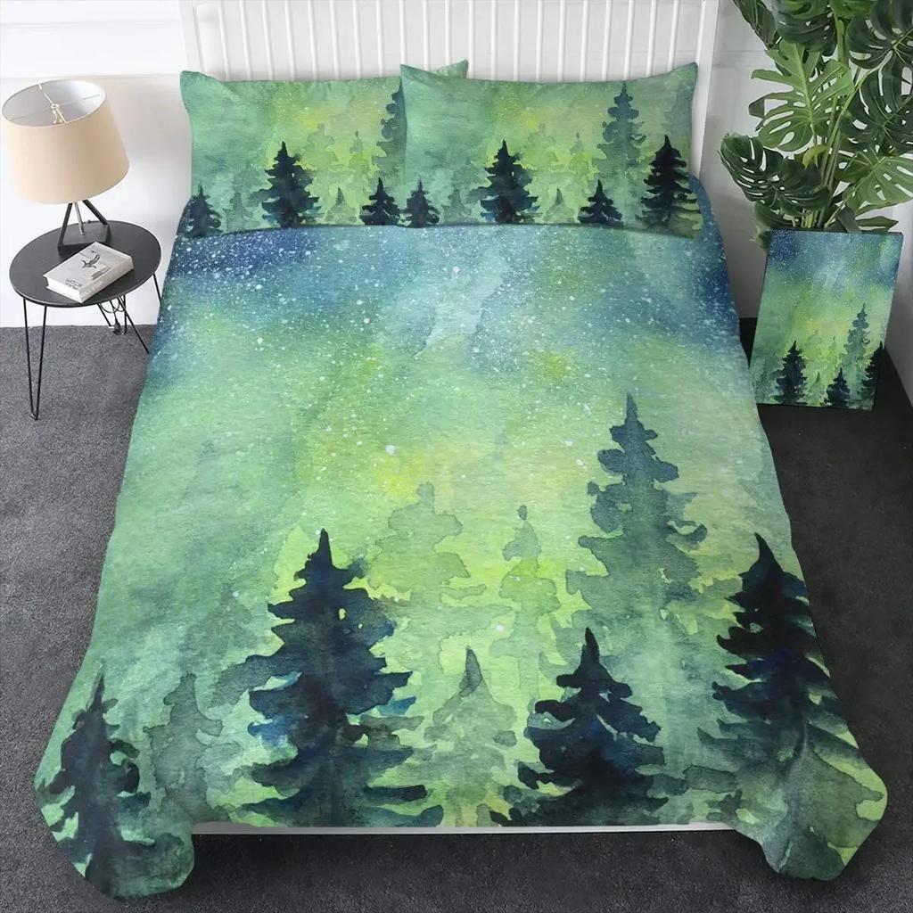 Comforter Smoky Mountain Misty Forest Bedding Set Full Queen Size Grey Trees Natural Scenery Art Comforter