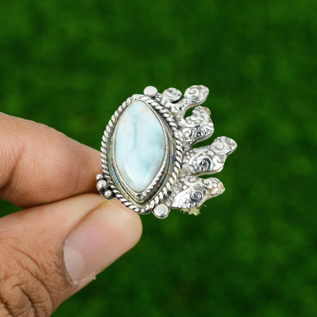 Wedding Gift For Her 925 Silver Natural Larimar Gemstone Promise Adjustable Ring