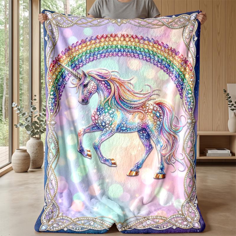 Rainbow Gem Unicorn Theme Blanket Lightweight Warm Flannel Blanket Decorative Throw Blanket for Home Decoration
