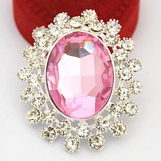 Large Oval Pink Glass Brooch for Ladies with Silver-Plated Alloy - Bouquet Design (B958) Crystal Jewelry