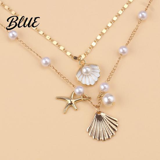 Shell Necklace Women Double-layered Starfish Charm Faux Pearl Decor Adjustable
