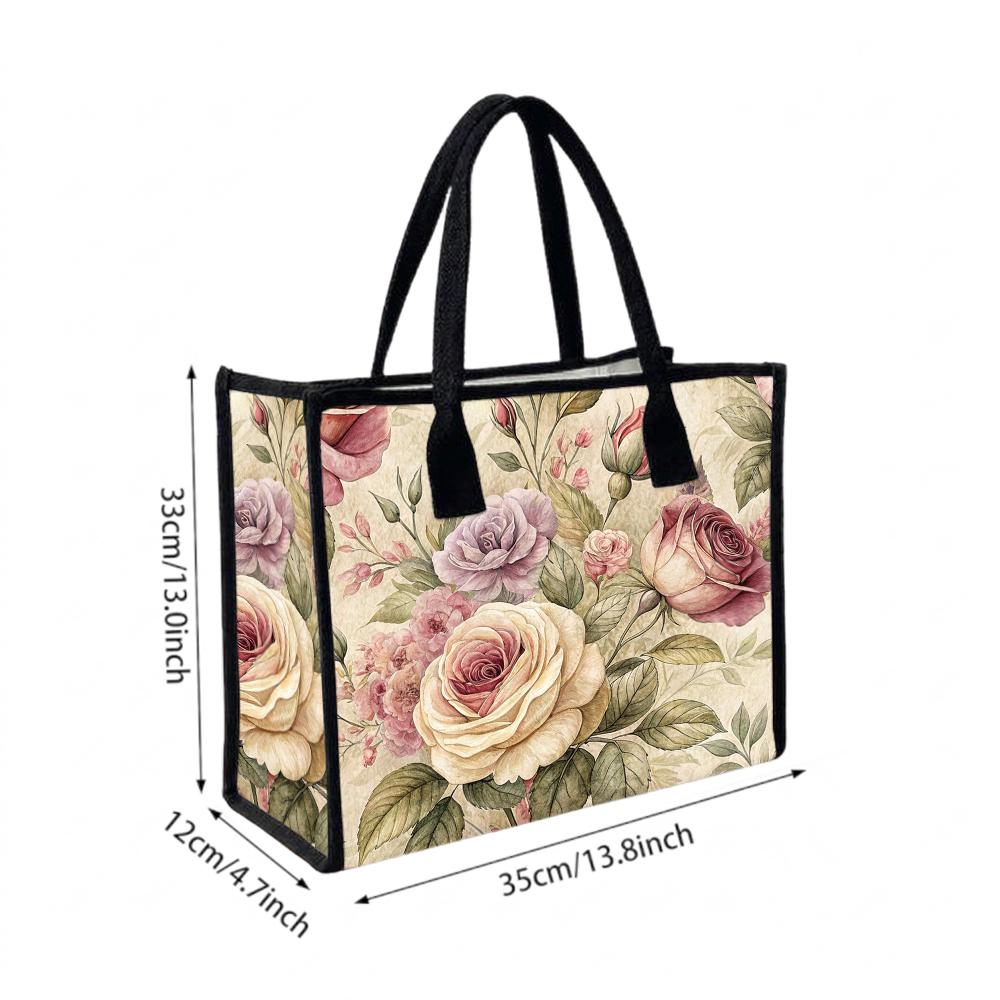 Vintage Rose Print Tote Bag for Women Casual Daily Use Fashion Large Capacity Handbag for Shopping Travel Work