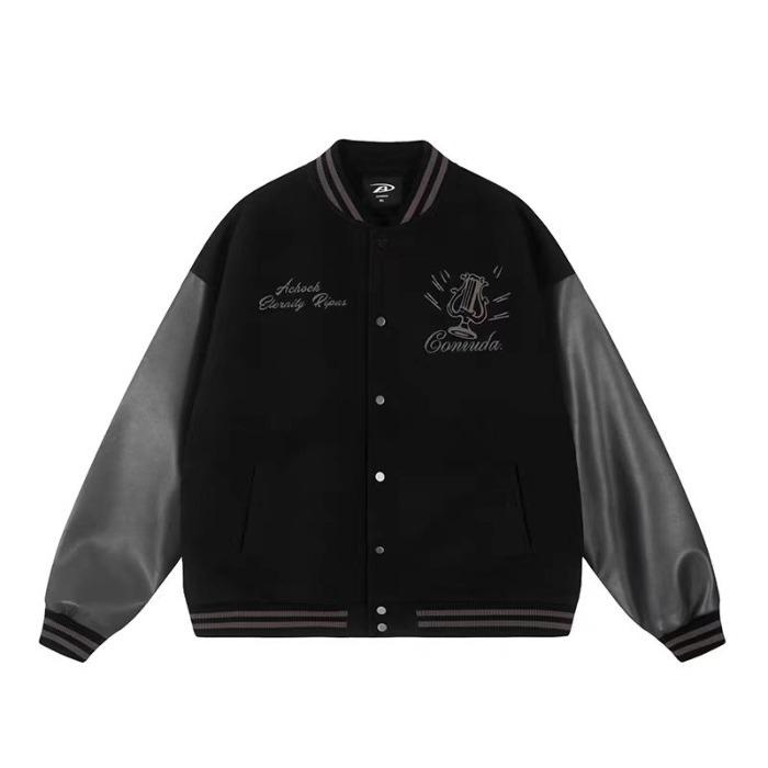 Men's Autumn/Winter Loose Fit Baseball Jacket with American Embroidery and Leather Sleeves