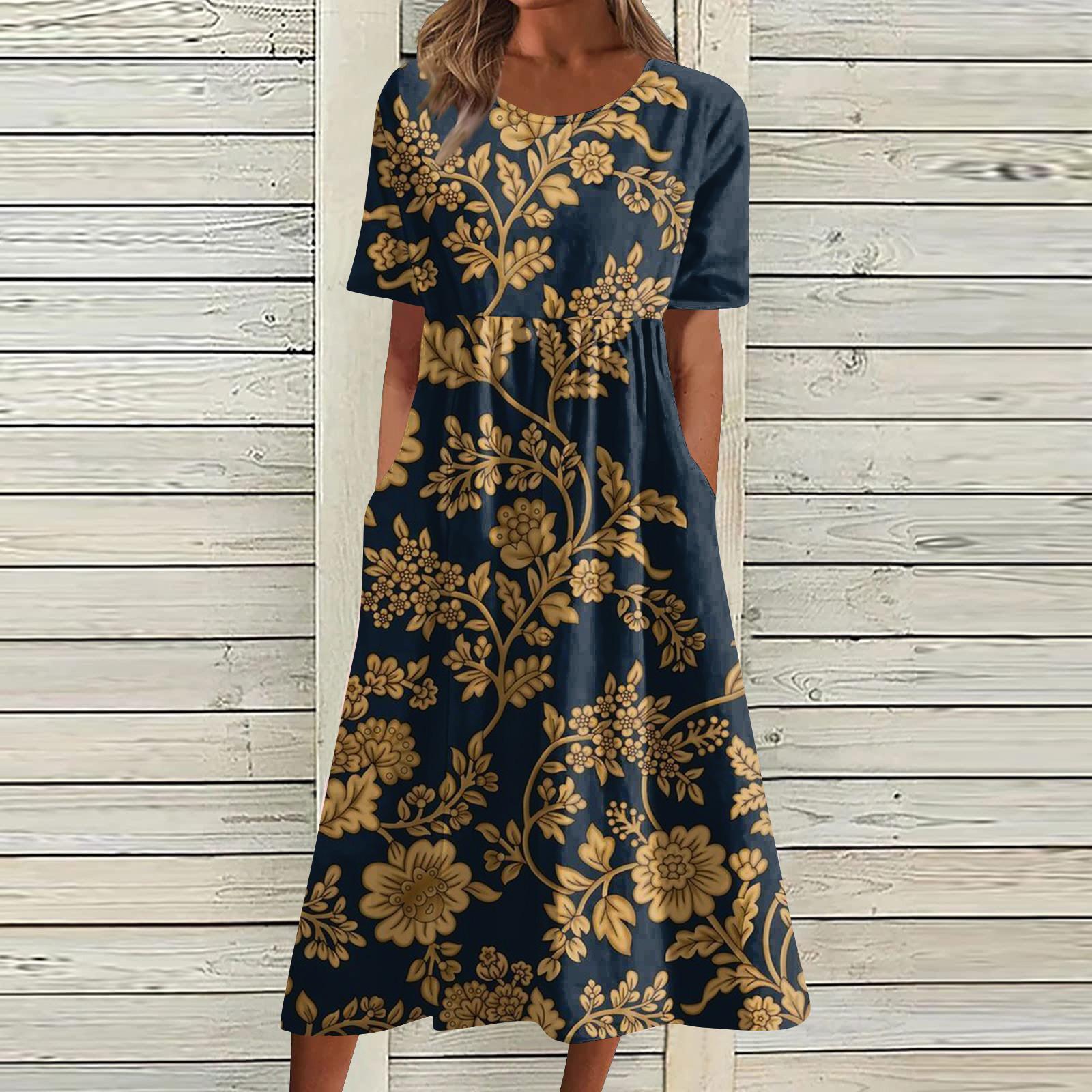 

Women s Casual Dresses Printed Dresses Summer Dresses Printed Pleated Round Neck Midi Dresses Basic Outdoor Daily Short Sleeve Loose Dresses S жовтий