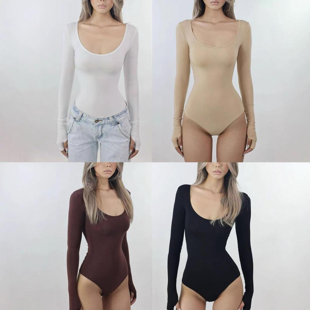 In stoc: Body sexy din bumbac nude prietenos cu pielea cu gât U și mâneci lungi - Croială slim