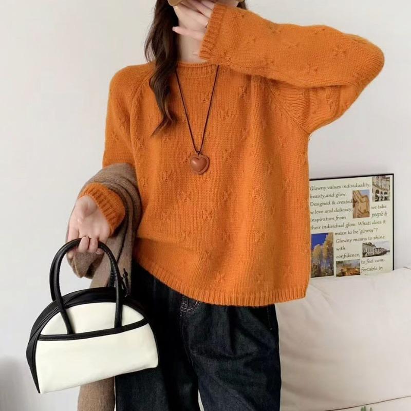Shoulder sleeves simple small crochet pullover sweater women's crew neck curled edge autumn and winter new loose solid color knitted sweater