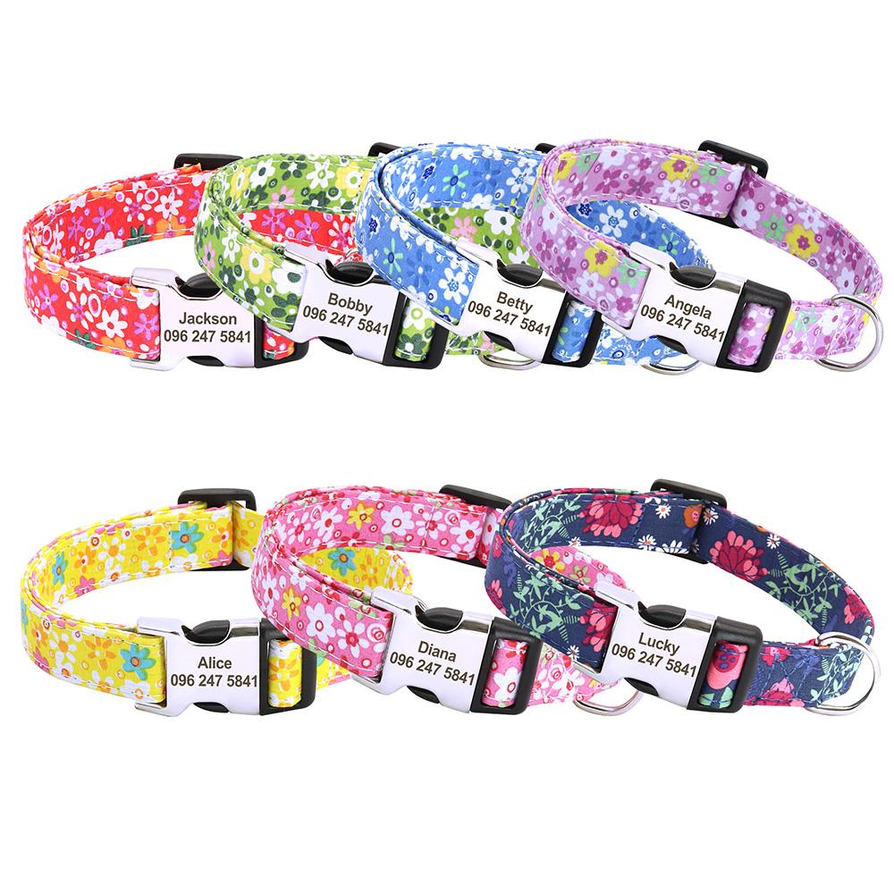 Printed Nylon Personalized Dog Collar Custom Dog Collar Floral Puppy Necklace Engraved Name for Small Medium Large Dogs Bulldog