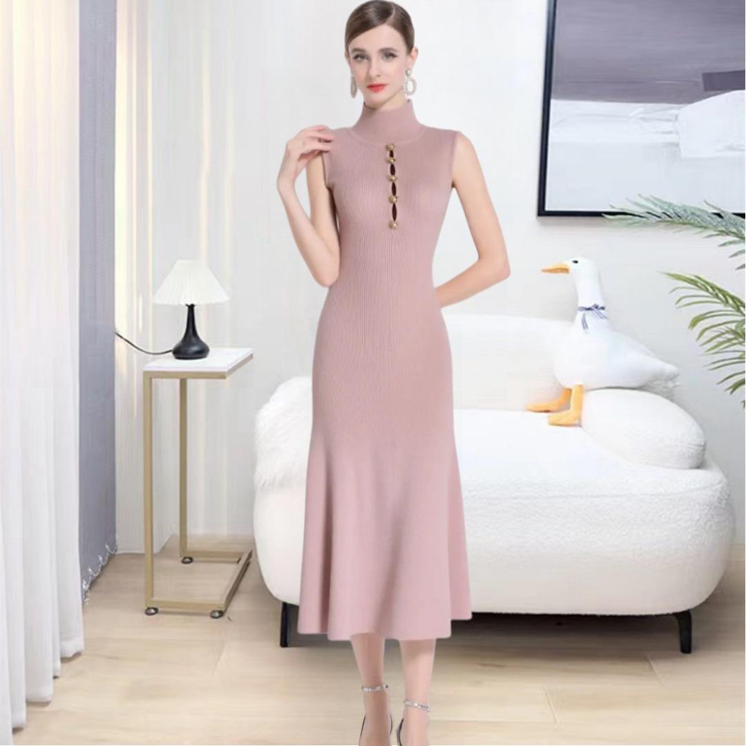 

2026SP Sleeveless Knit Waist-Cinched Elegant Long Dress - Sexy, Pure Desire, Hollow Design for Spring/Summer M