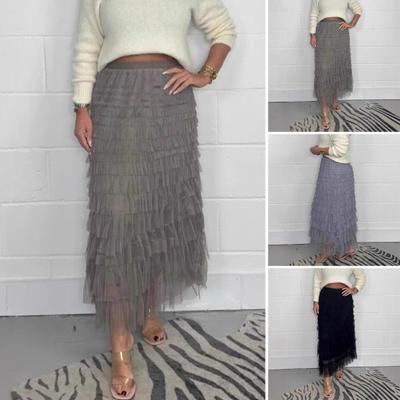 Women Midi Skirt Elastic High Waist Multi Layer Mesh Yarn Long Skirt