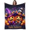 1pc Halloween Pumpkin Flannel Blanket - Soft & Warm 280gsm All-Season Cozy Throw with Jack-O'-Lanterns, Bats, Witches Hats & Happy Halloween Lettering