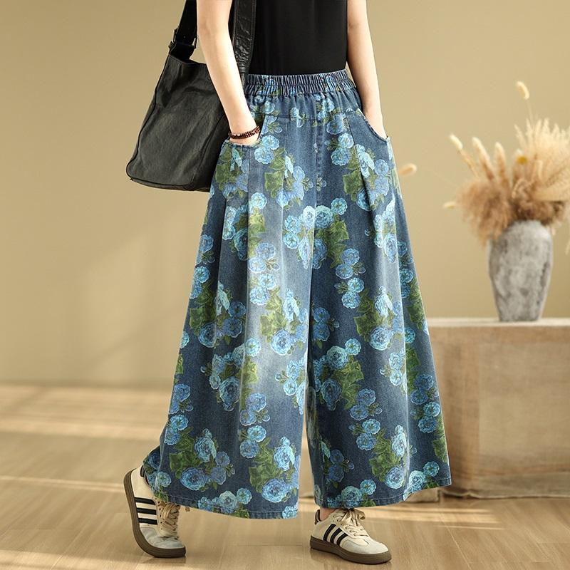 Plus Size Thin Vintage Floral High Waist Casual Loose Women Summer Jeans Denim Wide Leg Pants