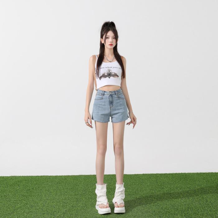 Women's High-Waist Elastic Denim Shorts - Summer Thin, Loose, Three-Quarter Length with Split Hem