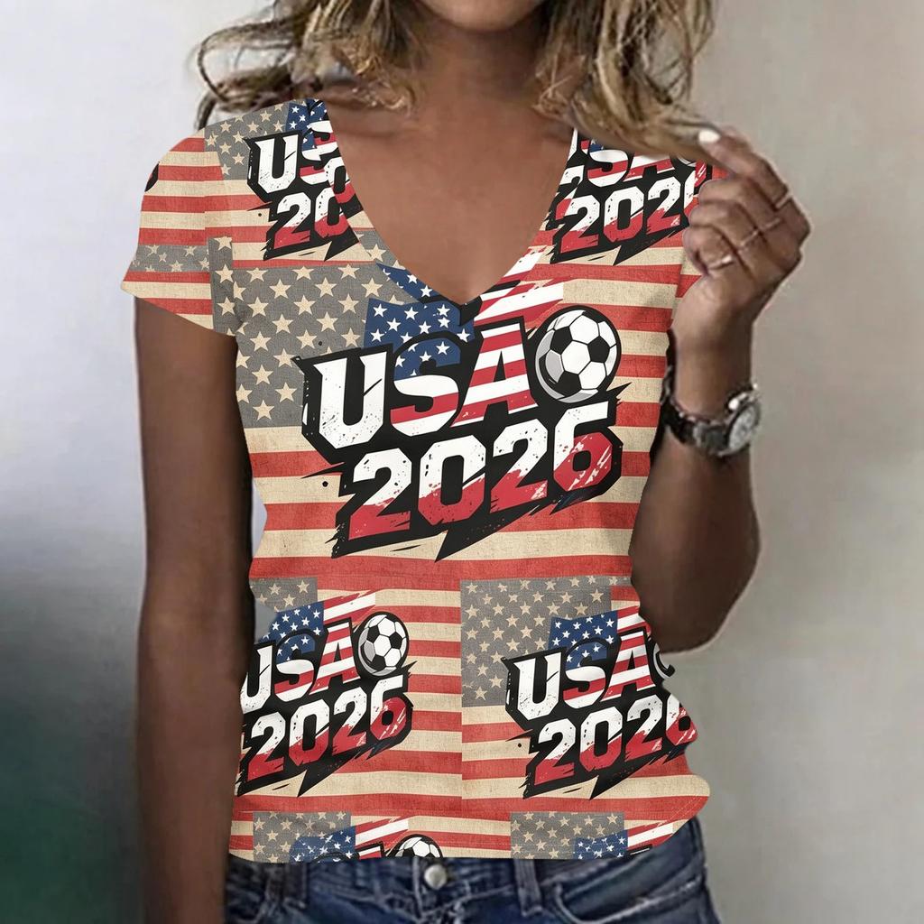 Women's V Neck Short Sleeve Lightweight T Shirt for Summer Casual Wear Football Themed Graphic Tee with National Flag Print Soft Fabric