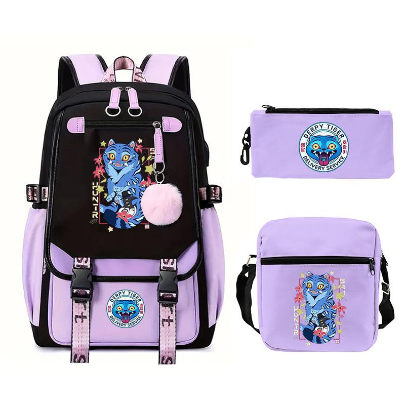 Animation Cartoon Peripheral Printing Trend Lightweight Shoulder Backpack, Primary And Secondary School Student Leisure Schoolbag Three-Piece Set