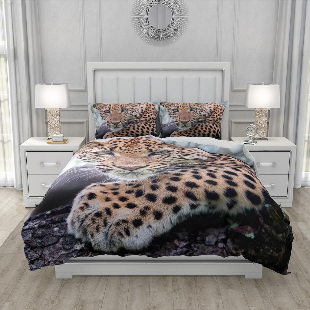Animal Print Duvet Cover Set Leopard 3D Bed Linen Twin/Queen/140x200,Ultra-Soft Polyester Bedding, Machine Washable Home Decor