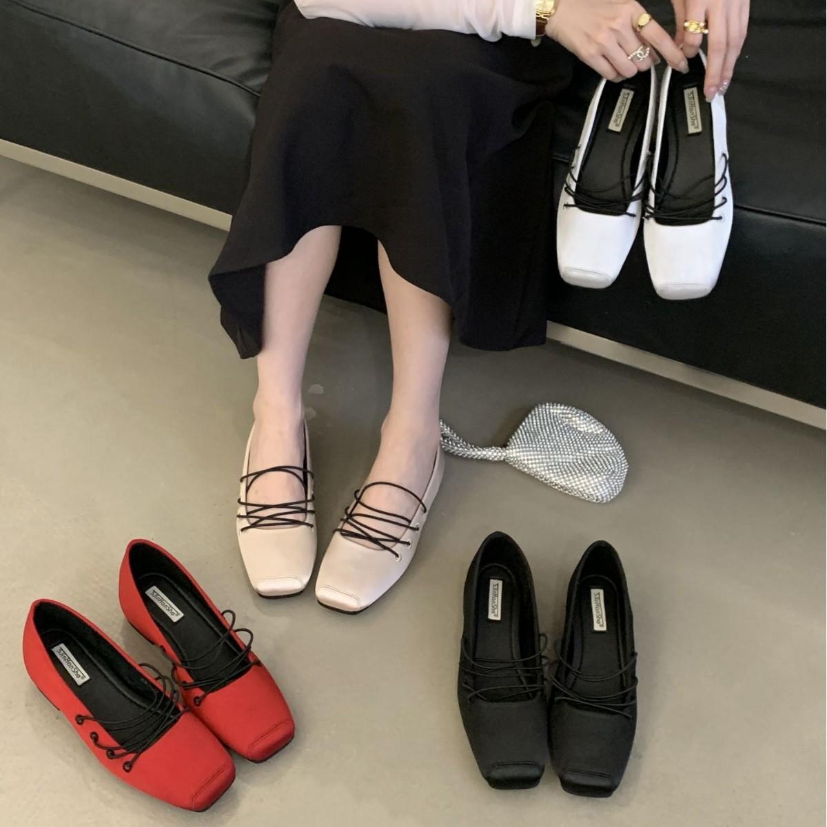 

Super soft retro satin square head lace-up 2025 summer explosion ballet casual outerwear flat heels women s shoes 39 красный