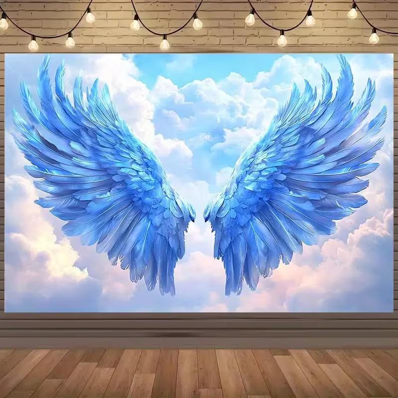 

2D Blue Feather Angel Wings Backdrop Heaven Themed Photo Booth Banner 47.2x31.5inch/120*80cm