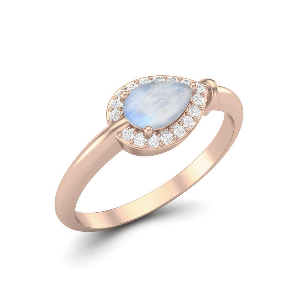6X4 mm Pear Moonstone 925 Sterling Silver Rose Vermeil Women Halo Solitaire Engagement Ring