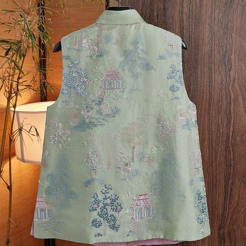 Vyšívaná vesta, oblek Tang, čínský styl, jarní a letní nový styl čínský oděv etnický styl spona s koněm retro vesta čínské topy pro ženy