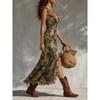 New European and American tropical printing V-neck waist split dress women's sleeveless slim dress holiday style