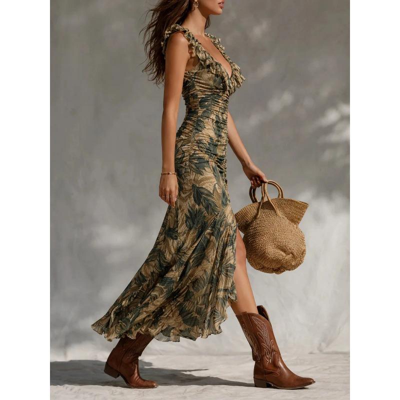 New European and American tropical printing V-neck waist split dress women's sleeveless slim dress holiday style