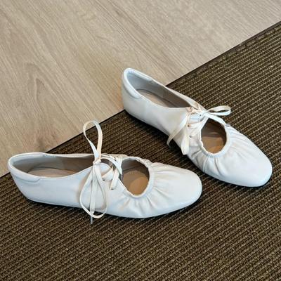 Schafslederversion~ Französische eckige Zehenpartie Einzelne Schuhe Damen Schnürschleife Flache Ballerinas Gerüschte schöne Mary Jane Schuhe