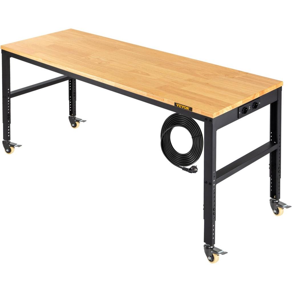 Workbench Adjustable Height, 155 x 51 cm Garage Table w/ 80 – 105 cm Heights & 720KG Capacity, with Power Outlets & Hardwood Top & Metal Frame &
