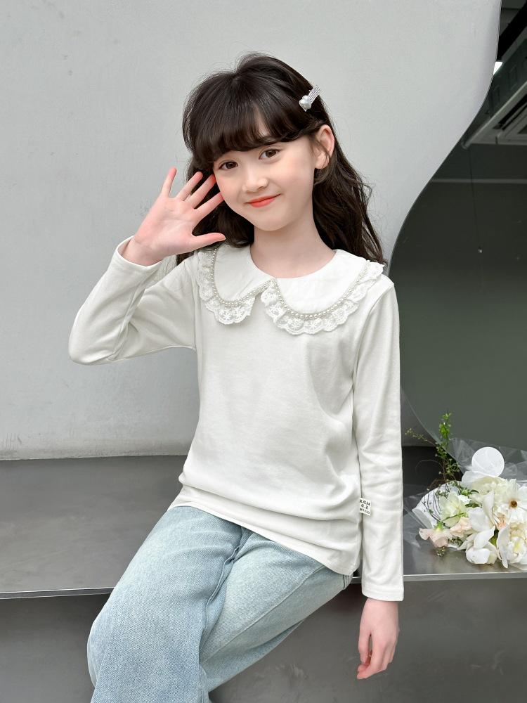 2026 Girls' Korean Style Lace Collar Long Sleeve Shirt for Spring & Autumn