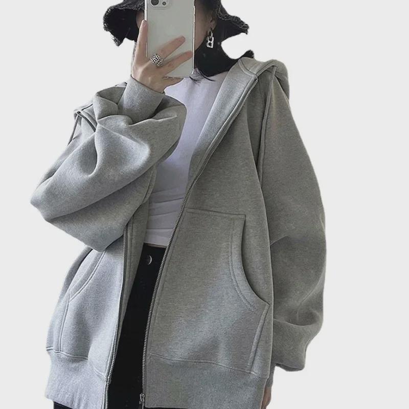 2025 Unisex Šedá Mikina s Kapucí na Zip: Tenká, volná, ležérní podzimní bunda