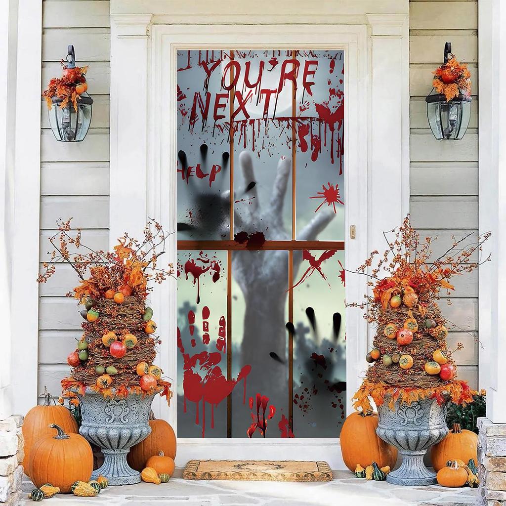 Four-Sided Stretch Carpet Fabric Door Cover with Halloween Design - Easy Installation