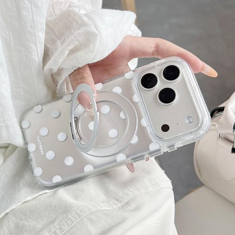 Transparent Matte Phone Case With White Polka Dots IPhone 17 16 Pro Max 15 Series 360 Rotating Stand Soft TPU Shockproof Cover